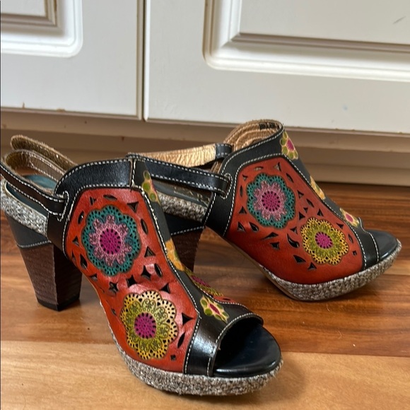 Spring Step L’Artiste Floral Leather SZ 37/6.5-7 Back Strap Heels Shoes - Picture 2 of 10